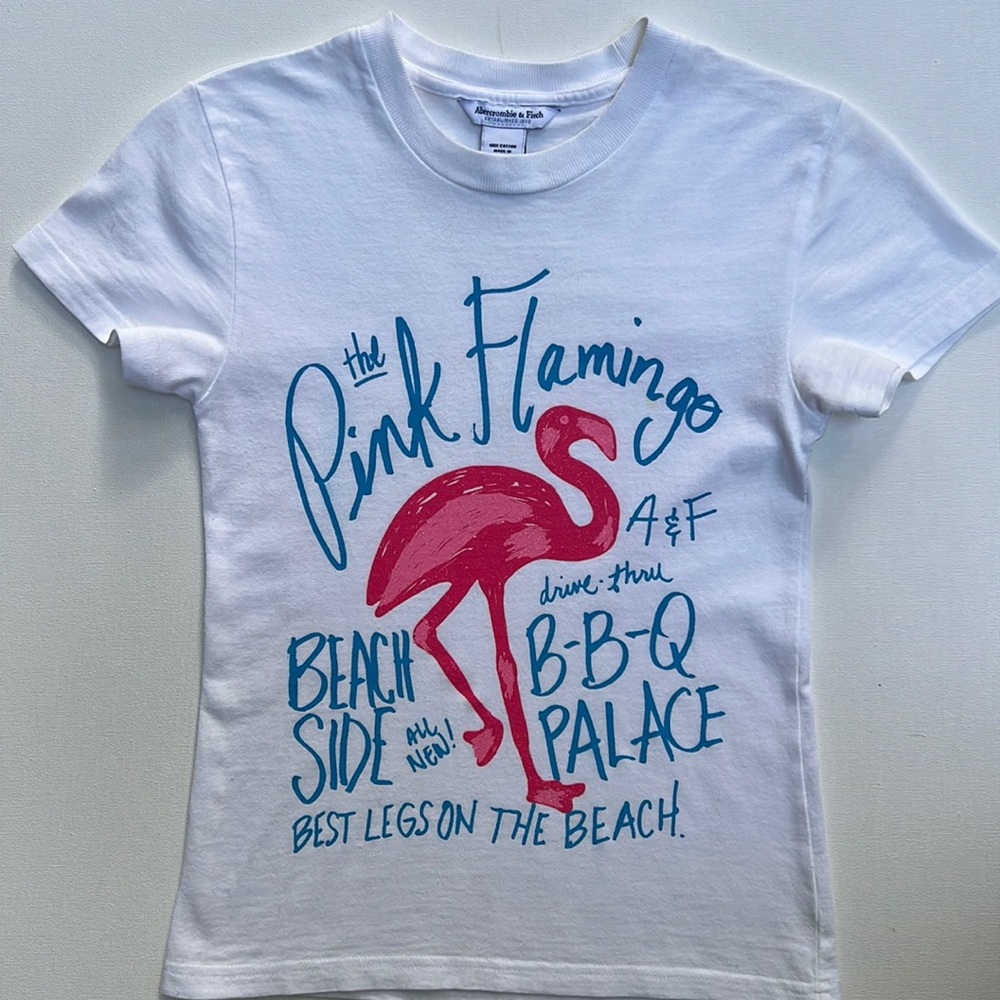 Abercrombie & Fitch White Tee with Pink Flamingo Graphic